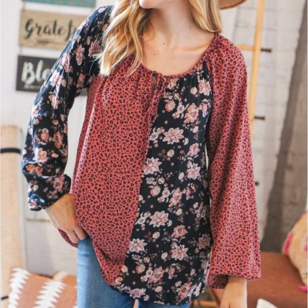 Haptics Top Floral Animal Print Women Size Large Peasant Blouse Long Sleeve